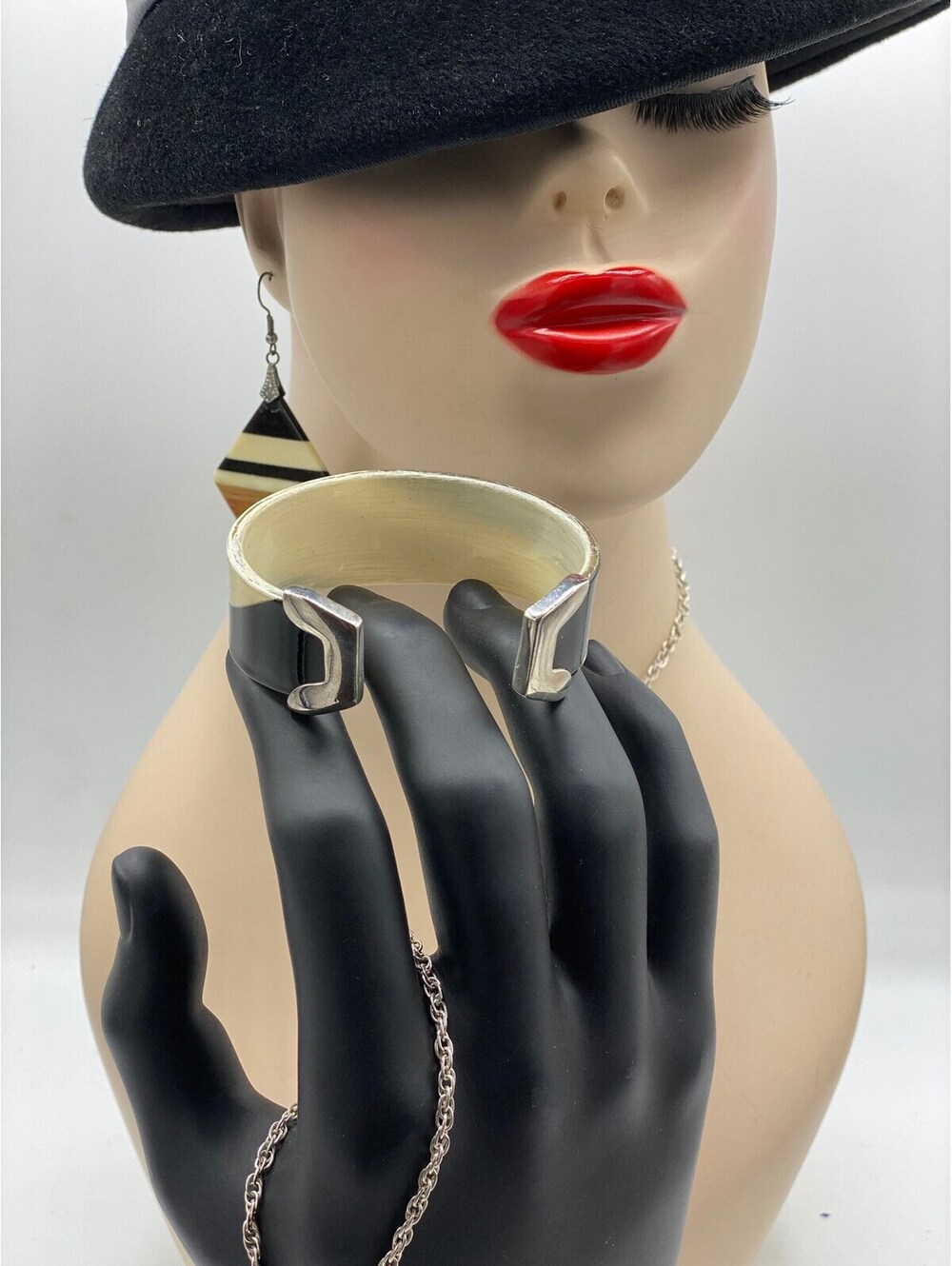 Lucite Black Tan Cream Diamond Shape Pierced Earrings Necklace and Cuff Bracelet